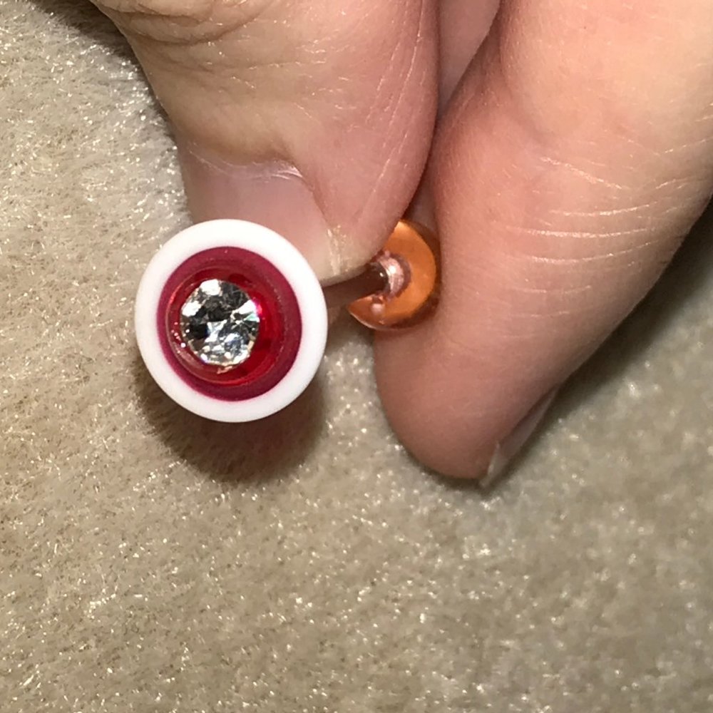 14 Gauge Red and white with Clear Rhinestone Space Ship Tongue Ring